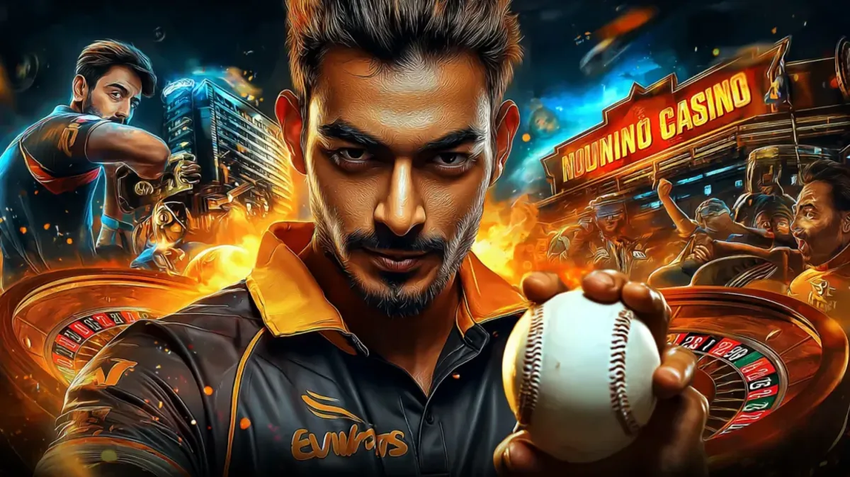 একজন তীব্র-উত্তেজনাপূর্ণ ক্রিকেট খেলোয়াড় একটি ক্রিকেট বল ধারণ করেন, যেখানে স্পোর্টস স্টেডিয়াম ও bengalbet গেমিং প্ল্যাটফর্মের জীবন্ত neon-আলোর পরিবেশ একসঙ্গে মেশেছে একটি জটিল ছবিতে।