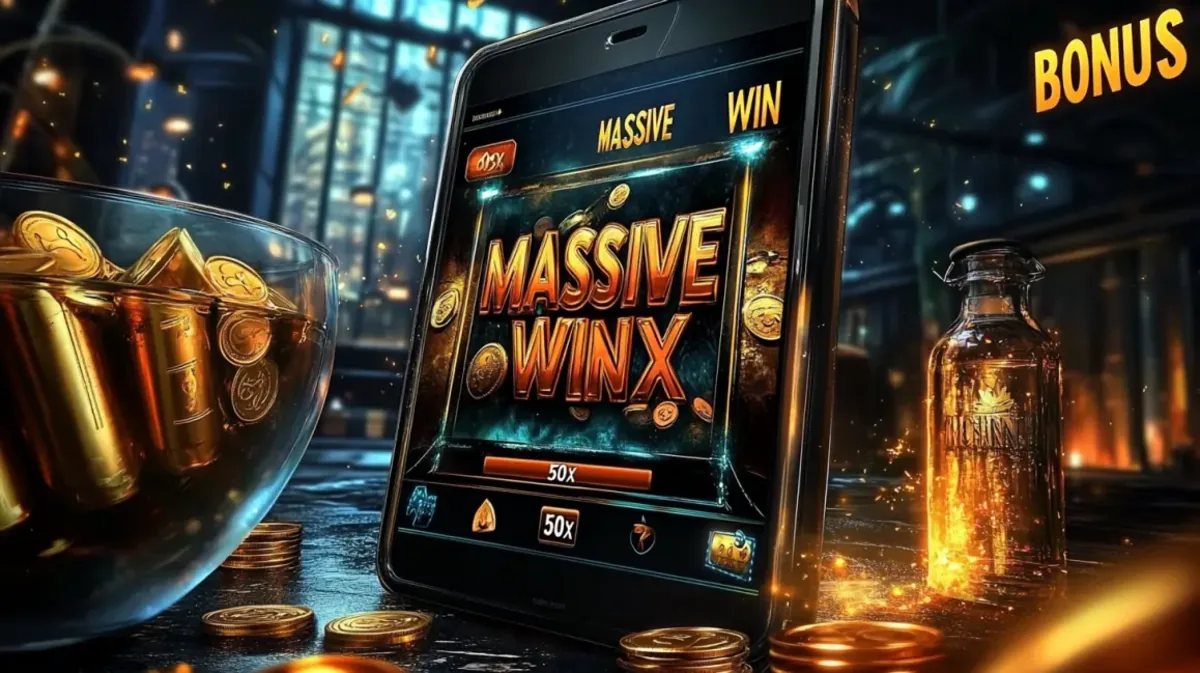 একটি মোবাইল ফোনে MASSIVE WINX বোনাস এবং ৫০গুণ জয় দেখা যাচ্ছে, bengalbet-এ বড় জয়ের সুযোগগুলো প্রচার করছে। দৃশ্যটি একটি শানদার বার-স্টাইল সেটিং-এ; পাশে সোনালি বুলেট-সদৃশ একটি বাটি রাখা আছে।
