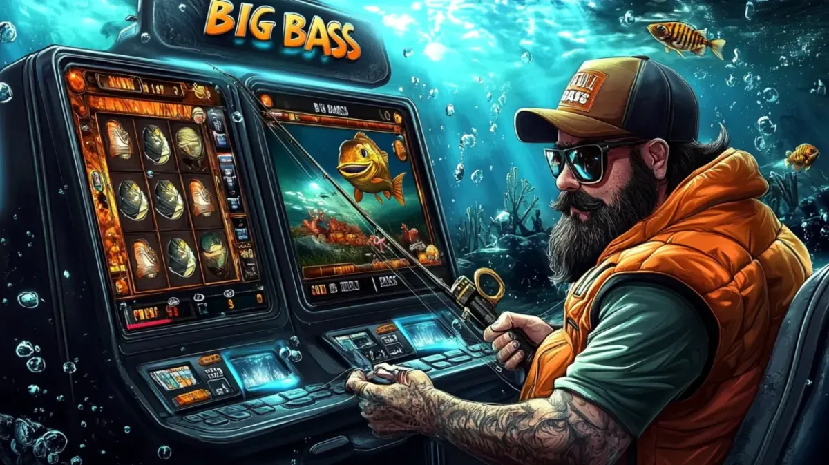 চশমা পরা দাড়িওয়ালা একজন জেলে bengalbet-এ Big Bass গেমটি খেলছেন; মেশিনের স্ক্রিনে পানির নীচে অবস্থানের সঙ্গে মাছ ধরার থিম প্রকাশিত হচ্ছে।